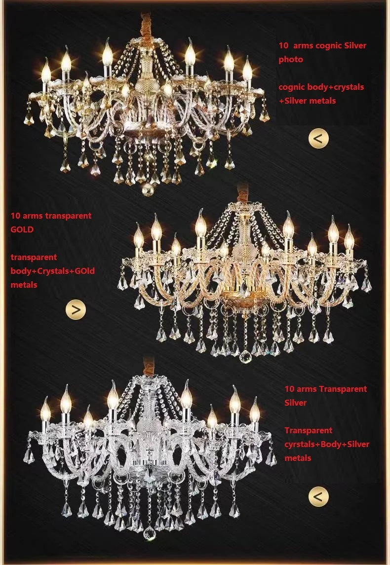 Large villa crystal chandelier with 10 arms, transparent crystal body, silver frame, diameter 120cm height, hanging chain