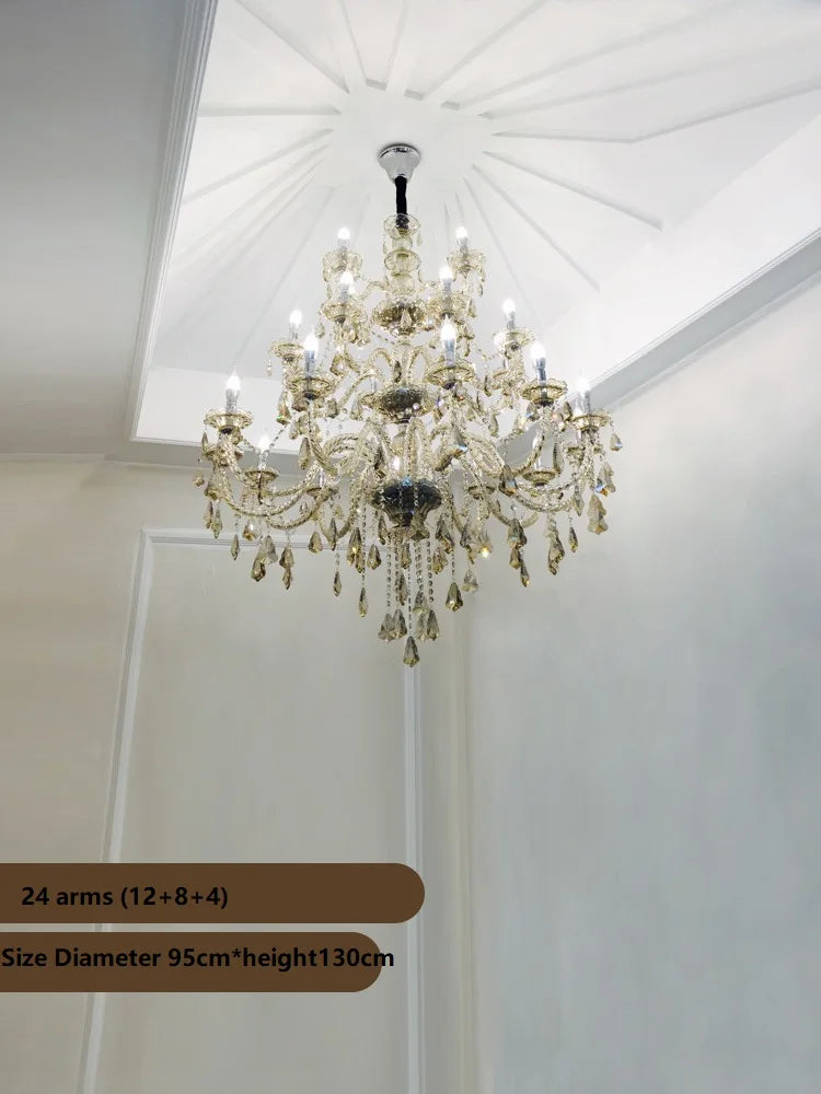 Elegant large villa crystal chandelier with 24 arms clear and smoky glass droplets diameter 120cm height with hanging chain