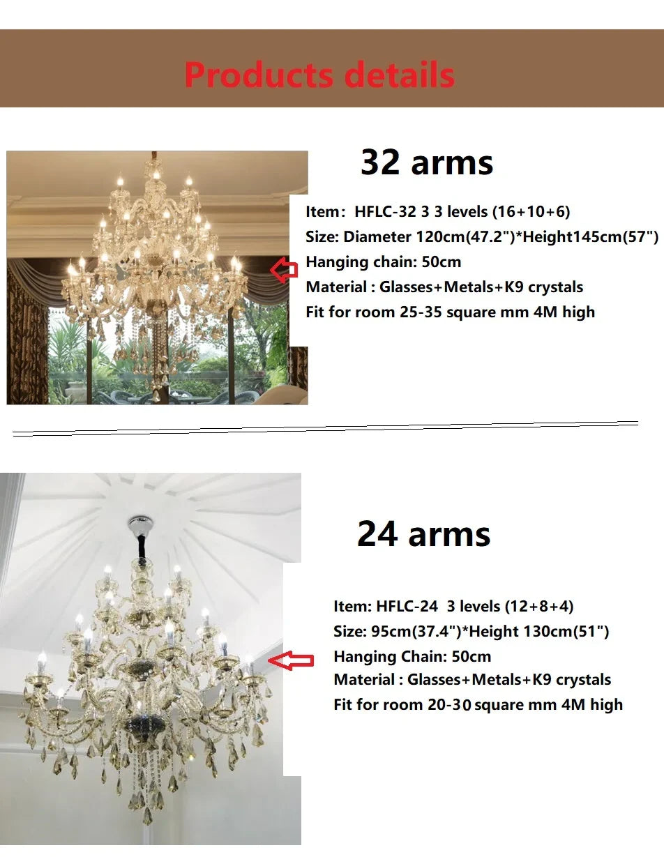 Elegant large villa crystal chandelier with 32 ornate glass and metal arms k9 crystals diameter 120cm height hanging chain