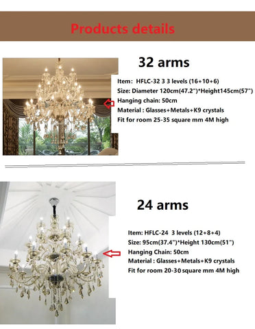 Elegant large villa crystal chandelier with 32 ornate glass and metal arms k9 crystals diameter 120cm height hanging chain