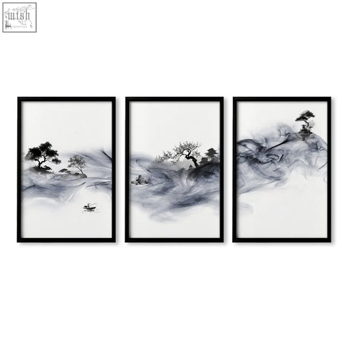 Set of three black-framed minimalist blue japandi ink wash landscape wall art perfect for dining room decor