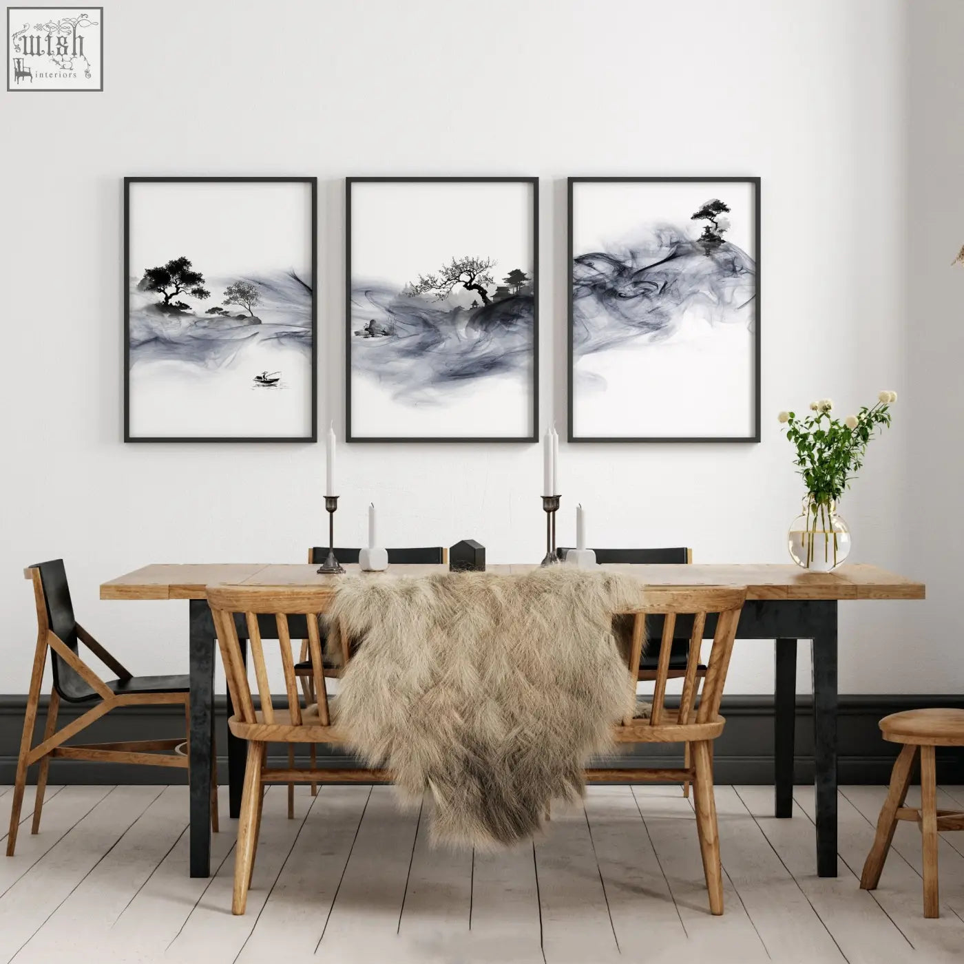 Set of three black-framed ink wash wall art prints featuring minimalist blue japandi landscapes for dining room decor