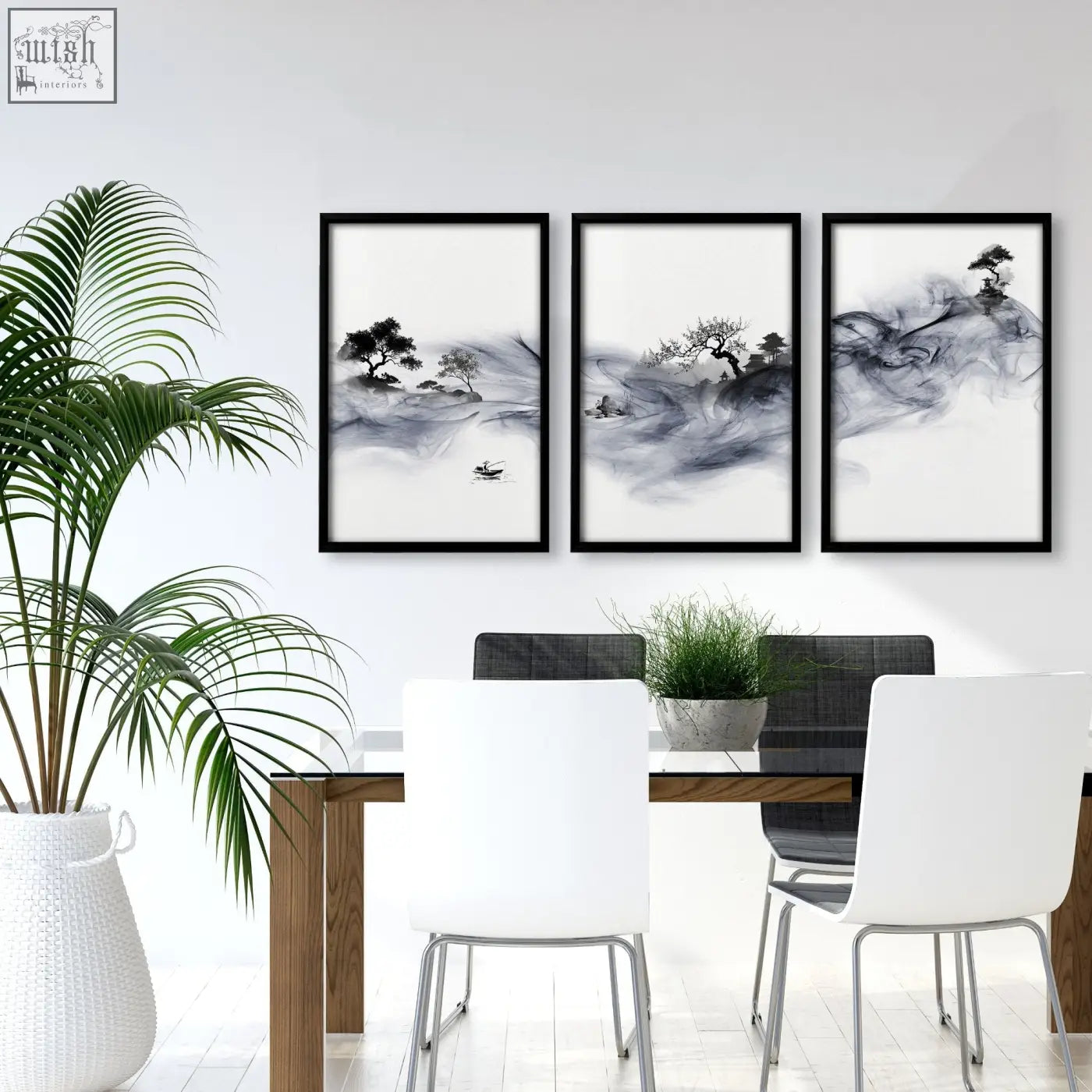 Three black-framed ink wash wall art prints of misty blue mountains perfect for dining room decor set of 3