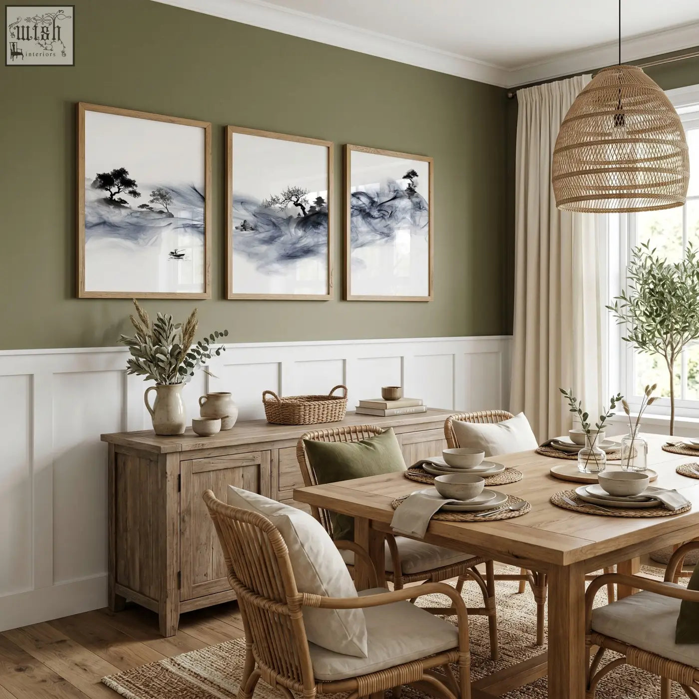 Woven rattan pendant light with natural textured weave and warm finish perfect for dining room with ink wash wall art