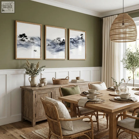 Woven rattan pendant light with natural textured weave and warm finish perfect for dining room with ink wash wall art