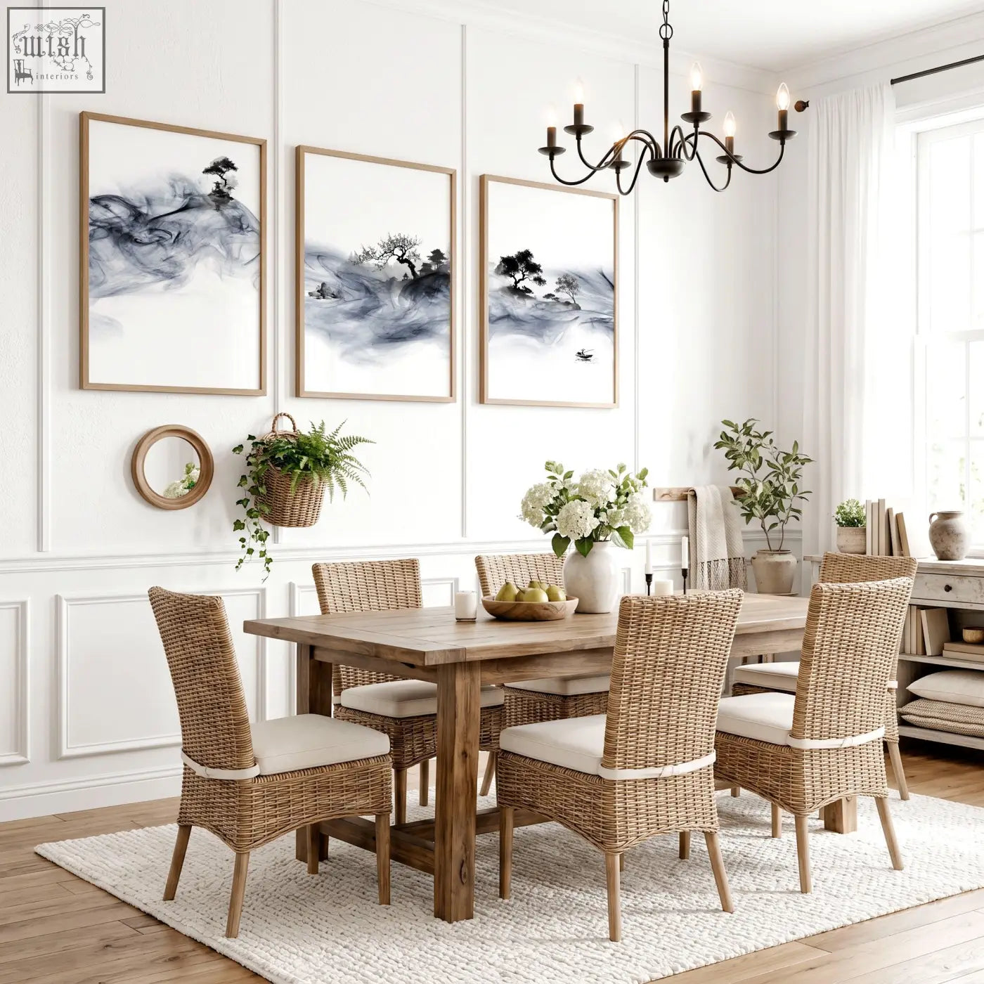 Woven wicker dining chairs with cream cushioned seats paired with blue japandi ink wash dining room wall art set of 3