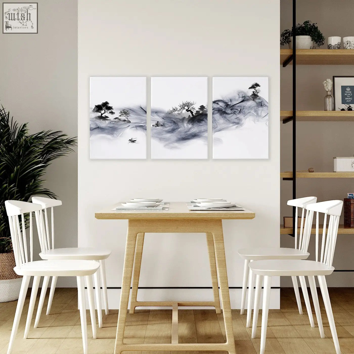 Three-panel black-and-white ink wash landscape wall art featuring misty mountains and trees for dining room decor