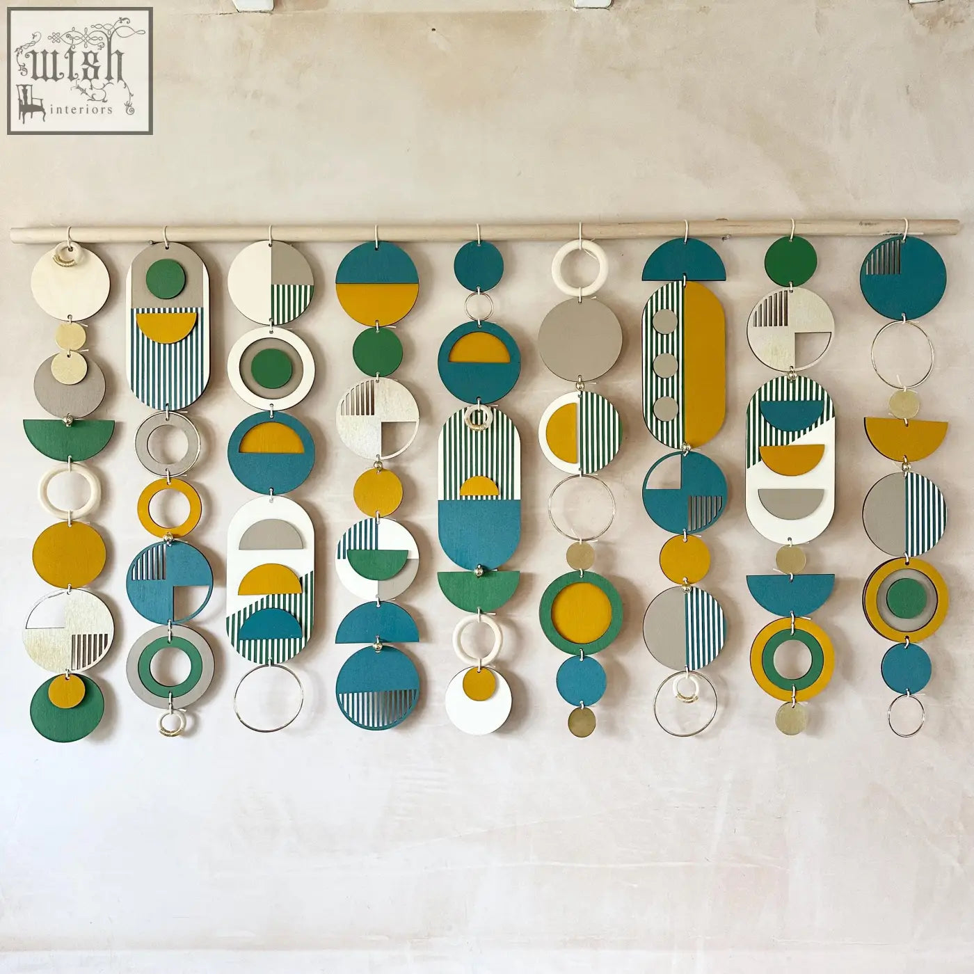 Large wall art wood decor with teal mustard white and gray layered geometric shapes perfect over the bed wall art