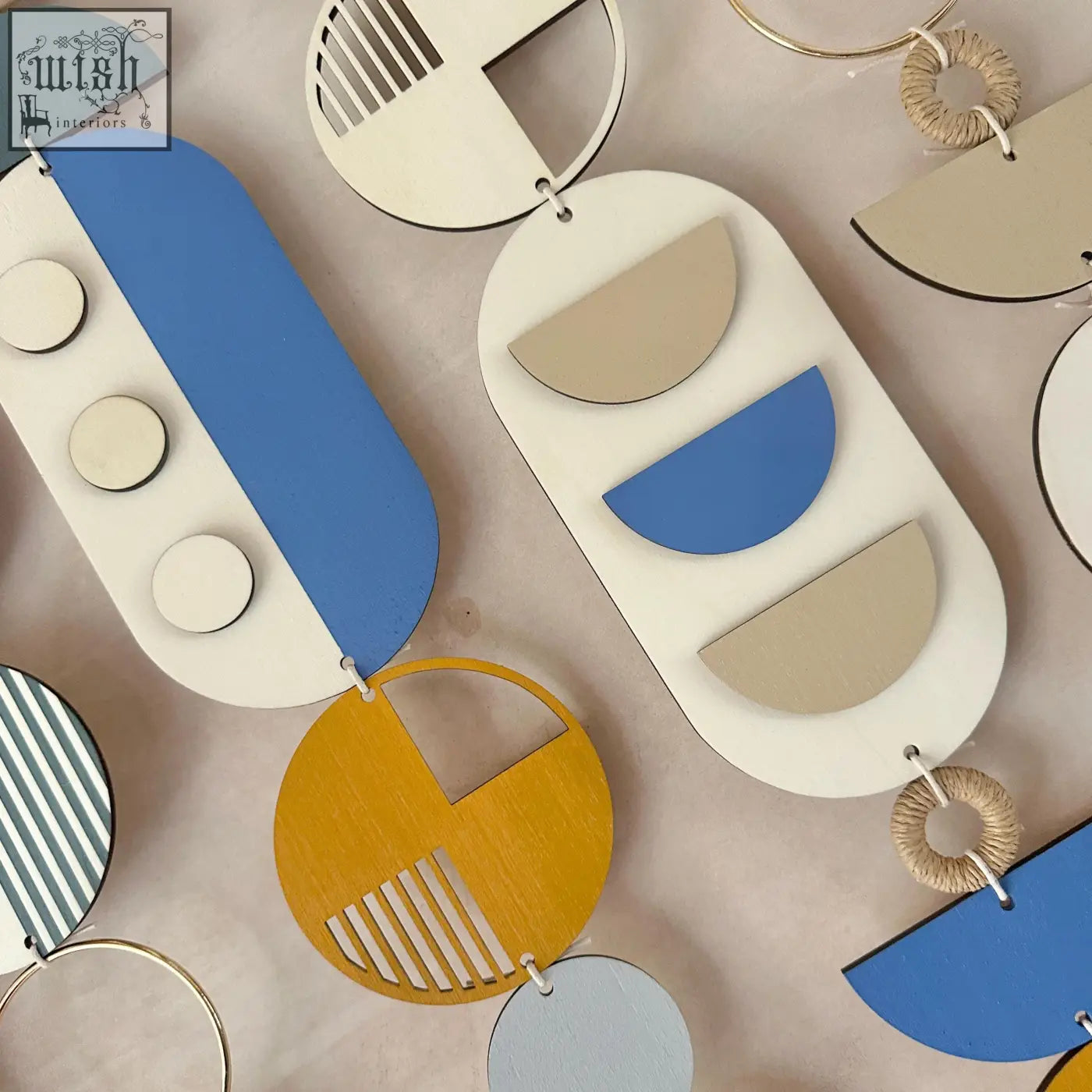 Large blue and white geometric wooden earrings with circular cutouts perfect for modern wood wall hanging decor