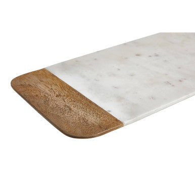 Large white marble and mango wood serving board with natural wood edge perfect for serving and cutting