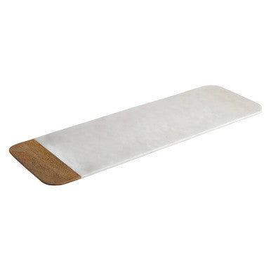 Large white marble and mango wood serving board with a white rectangular mat and natural wood grain edge