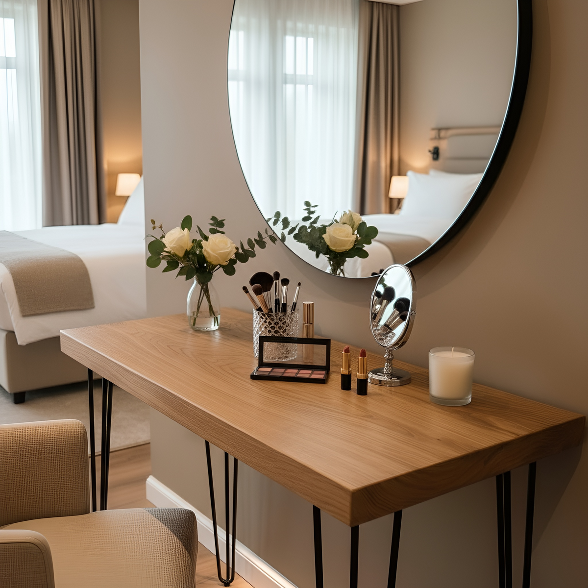 Light wood laria oak dressing table with black hairpin legs made from solid oak for makeup and dressing use