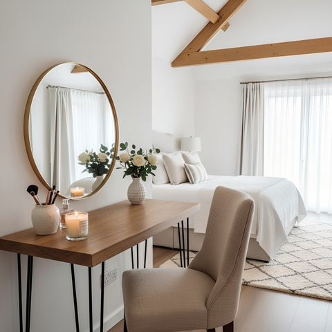 Round gold-framed mirror above a solid oak laria dressing table with wooden vanity for makeup and dressing area