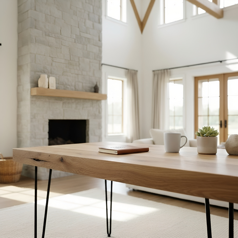 Light-colored laria oak study table with black hairpin legs perfect as a stylish oak study table or desk