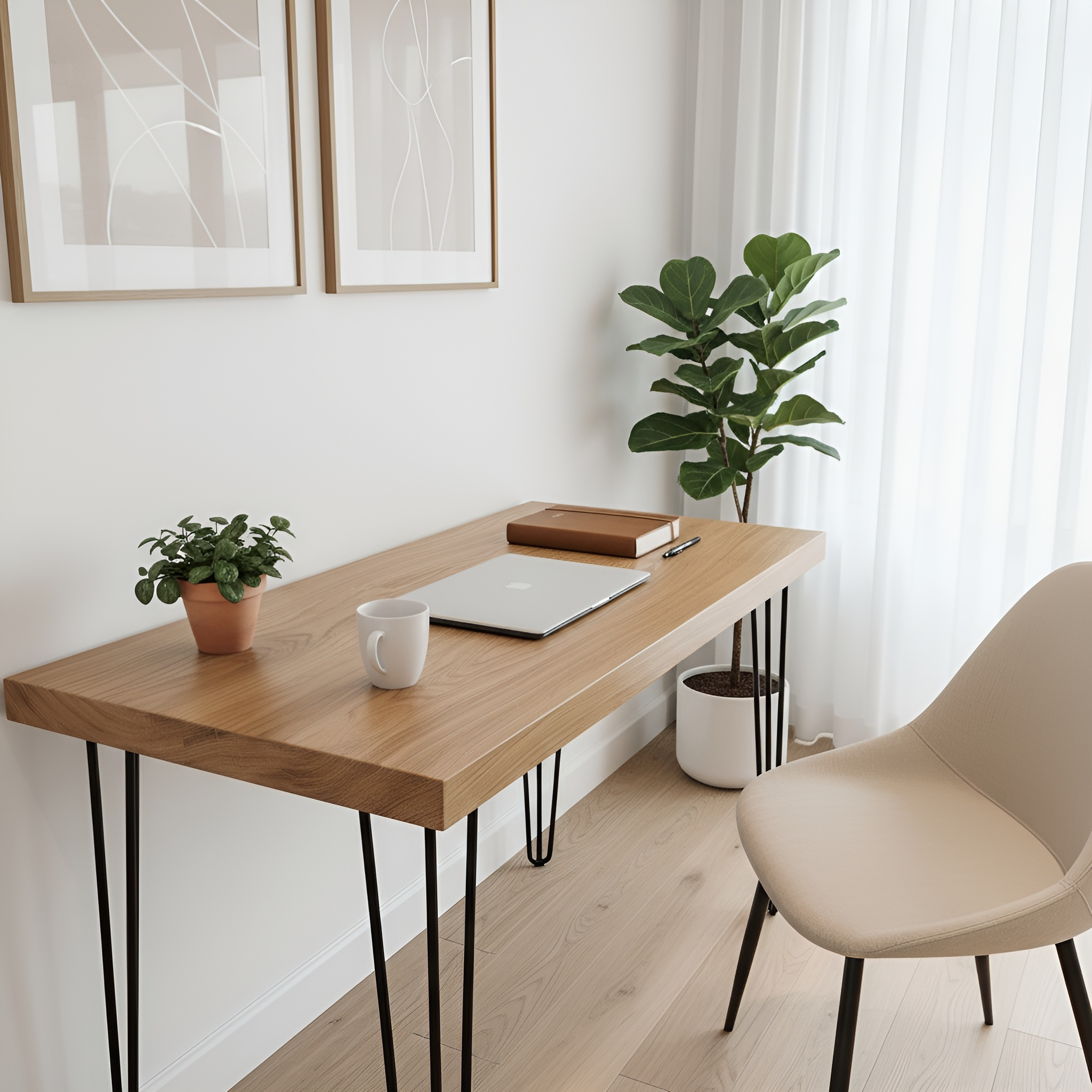 Light wood laria oak study table with black hairpin legs perfect for a stylish oak study desk setup