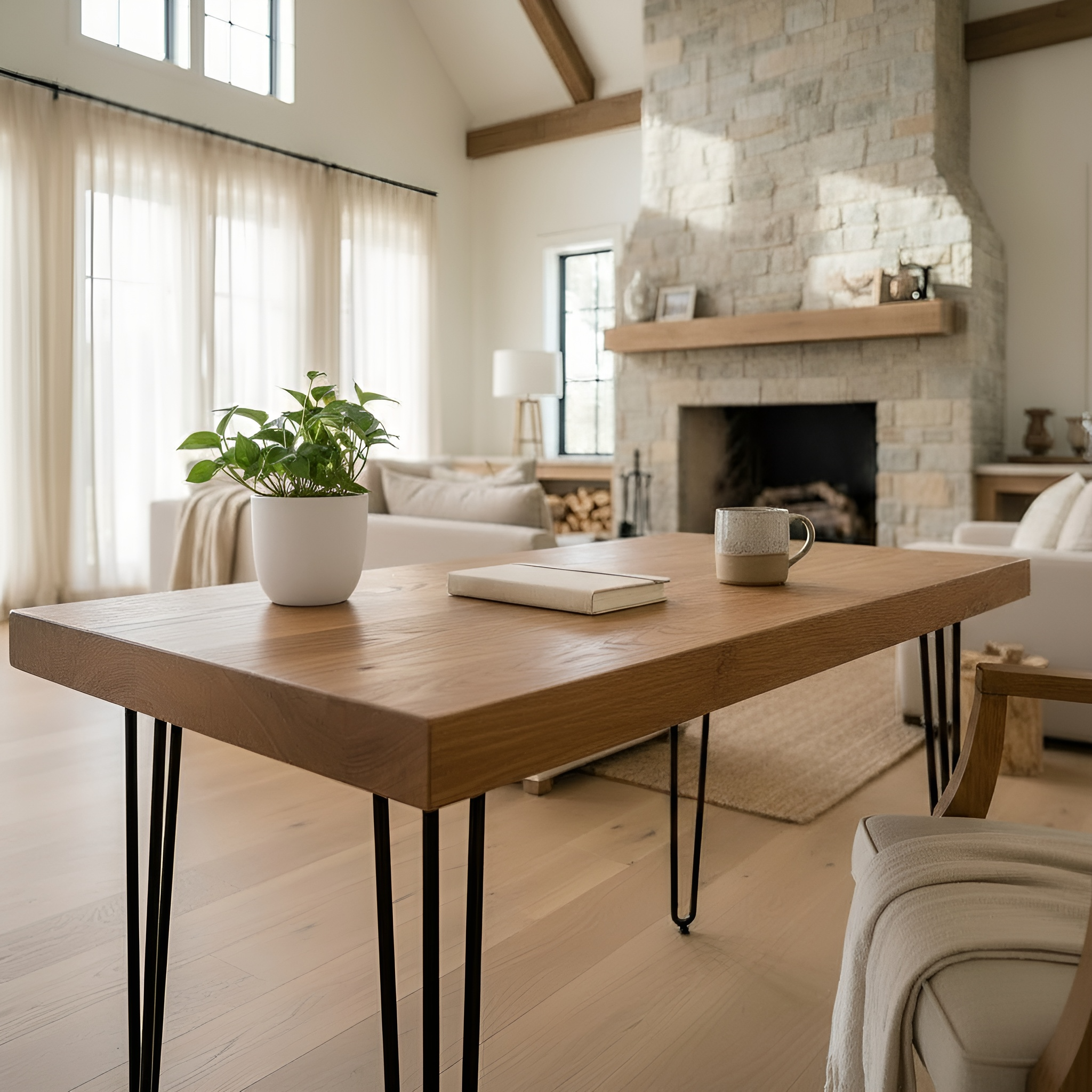Light wood laria oak study table with black hairpin legs perfect for a sleek oak study desk setup