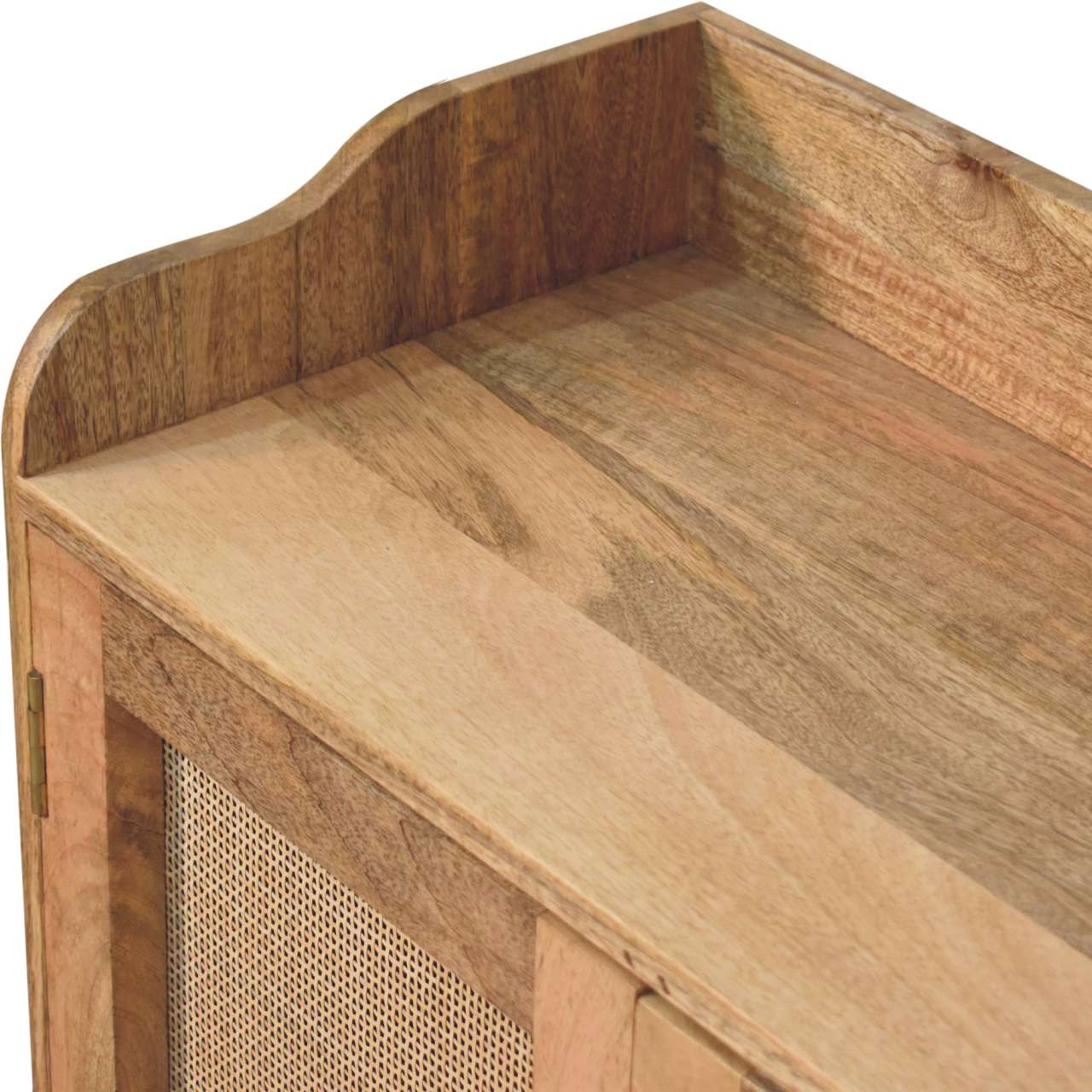 Light brown wooden larissa t-bar raised cabinet with curved top edge and woven cane side panel