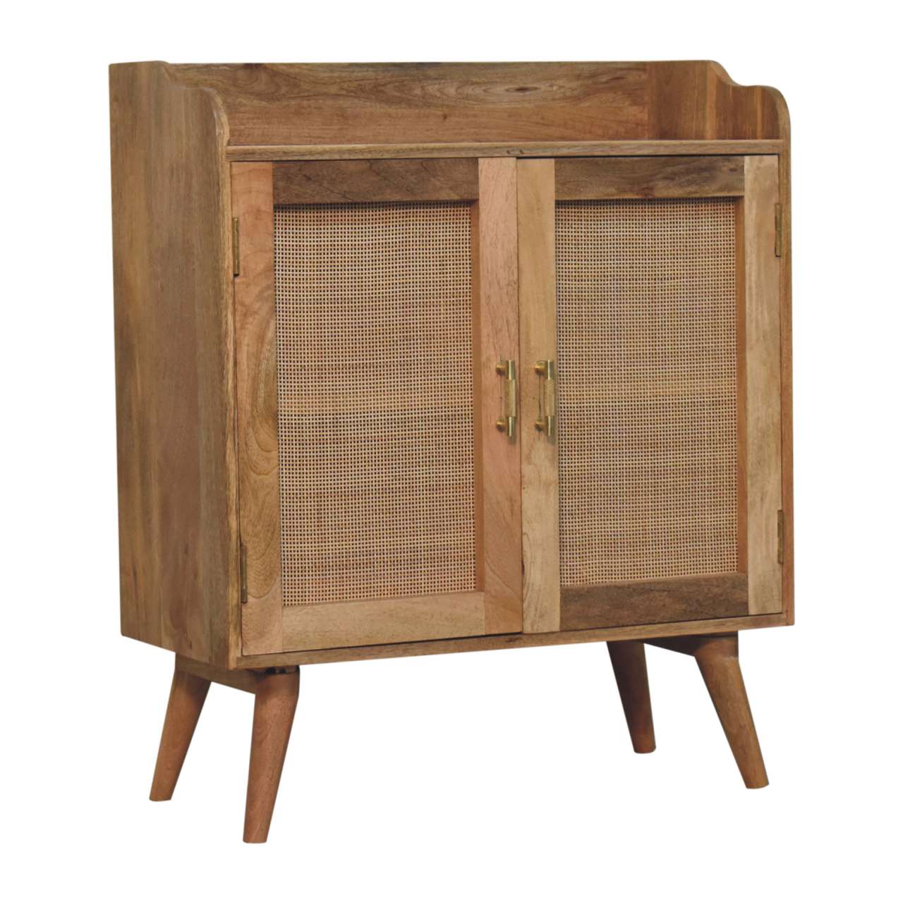 Larissa T-Bar raised cabinet mid-century modern wood with cane panel doors and tapered legs for stylish storage
