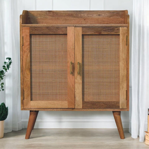 Larissa T-Bar raised mid-century modern wooden cabinet with cane panel doors and tapered legs in natural wood finish