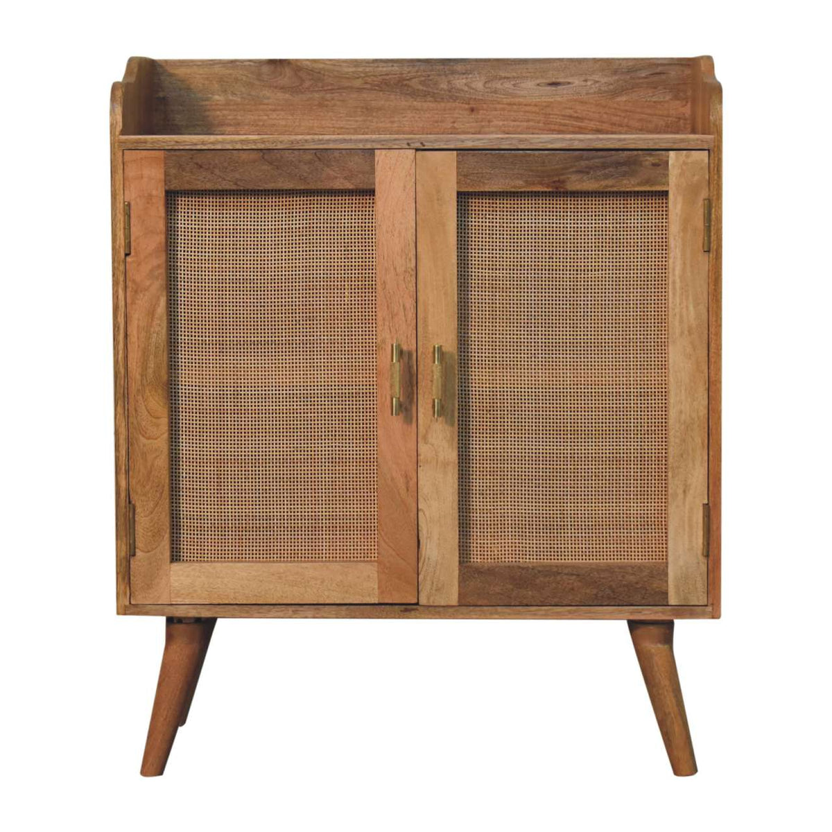 Larissa t-bar raised cabinet mid-century modern wooden cabinet with cane panel doors and tapered legs