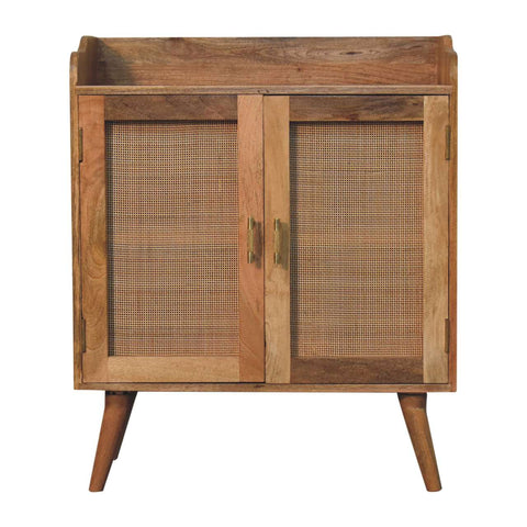 Larissa t-bar raised cabinet mid-century modern wooden cabinet with cane panel doors and tapered legs