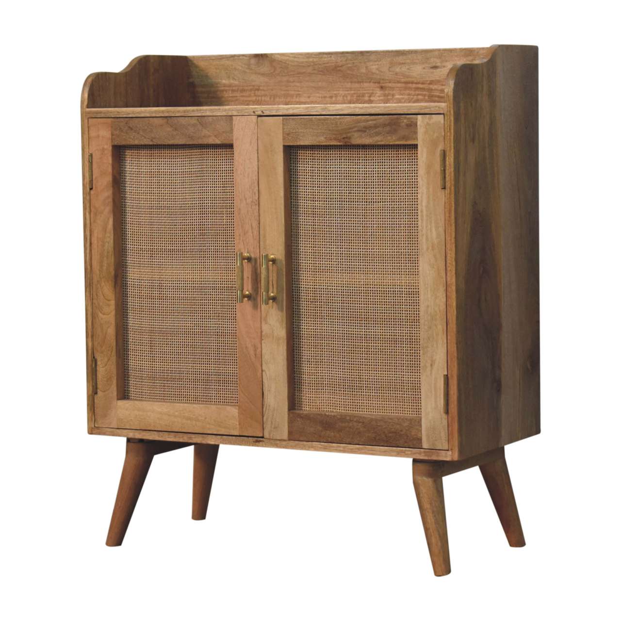 Larissa t-bar raised cabinet with rustic wooden frame, cane panel doors, brass handles, and tapered legs