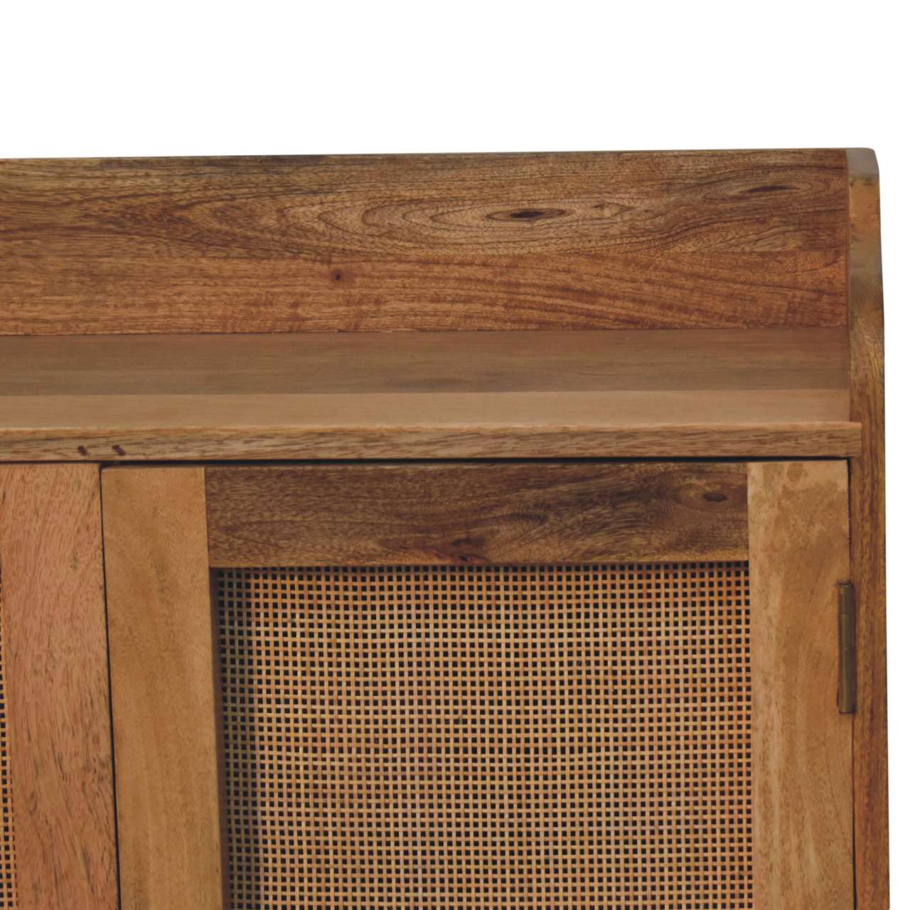 Larissa t-bar raised cabinet with rustic natural wood finish and cane weave panels showing wood grain texture