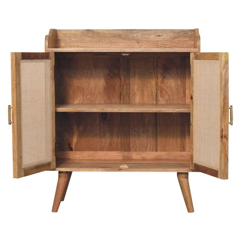 Larissa T-Bar raised cabinet rustic wooden sideboard with cane paneled doors and tapered legs for stylish storage