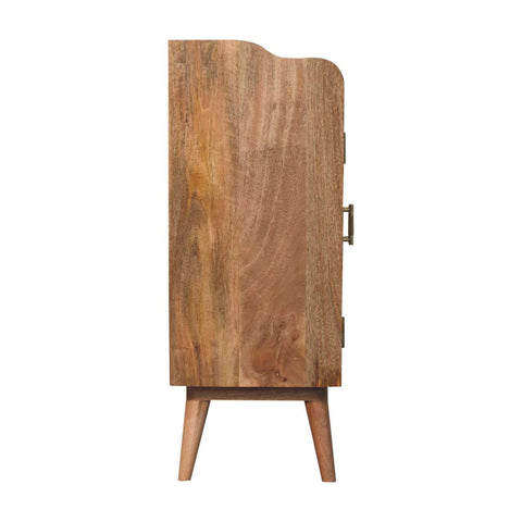 Larissa t-bar raised cabinet rustic wooden side table with curved top edge tapered legs and dark metal handles