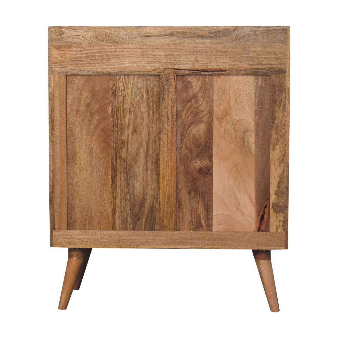 Larissa t-bar raised cabinet with rustic wooden side table design featuring natural-toned wood panels and tapered legs