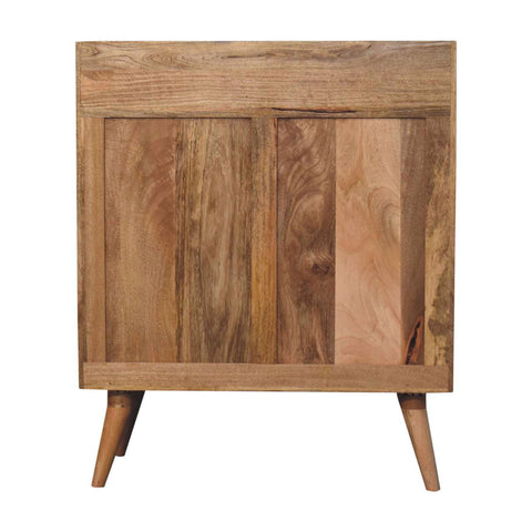 Larissa t-bar raised cabinet with rustic wooden side table design featuring natural-toned wood panels and tapered legs