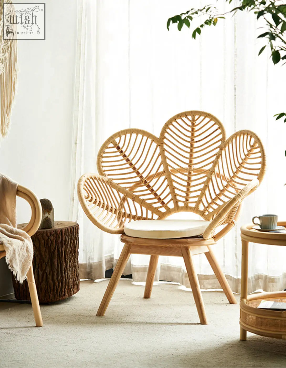 Larkin lounge chair armchair rattan in light beige with leaf-shaped back wooden legs white cushion tropical elegance offer financing