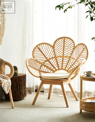 Larkin lounge chair armchair rattan in light beige with leaf-shaped back wooden legs white cushion tropical elegance offer financing
