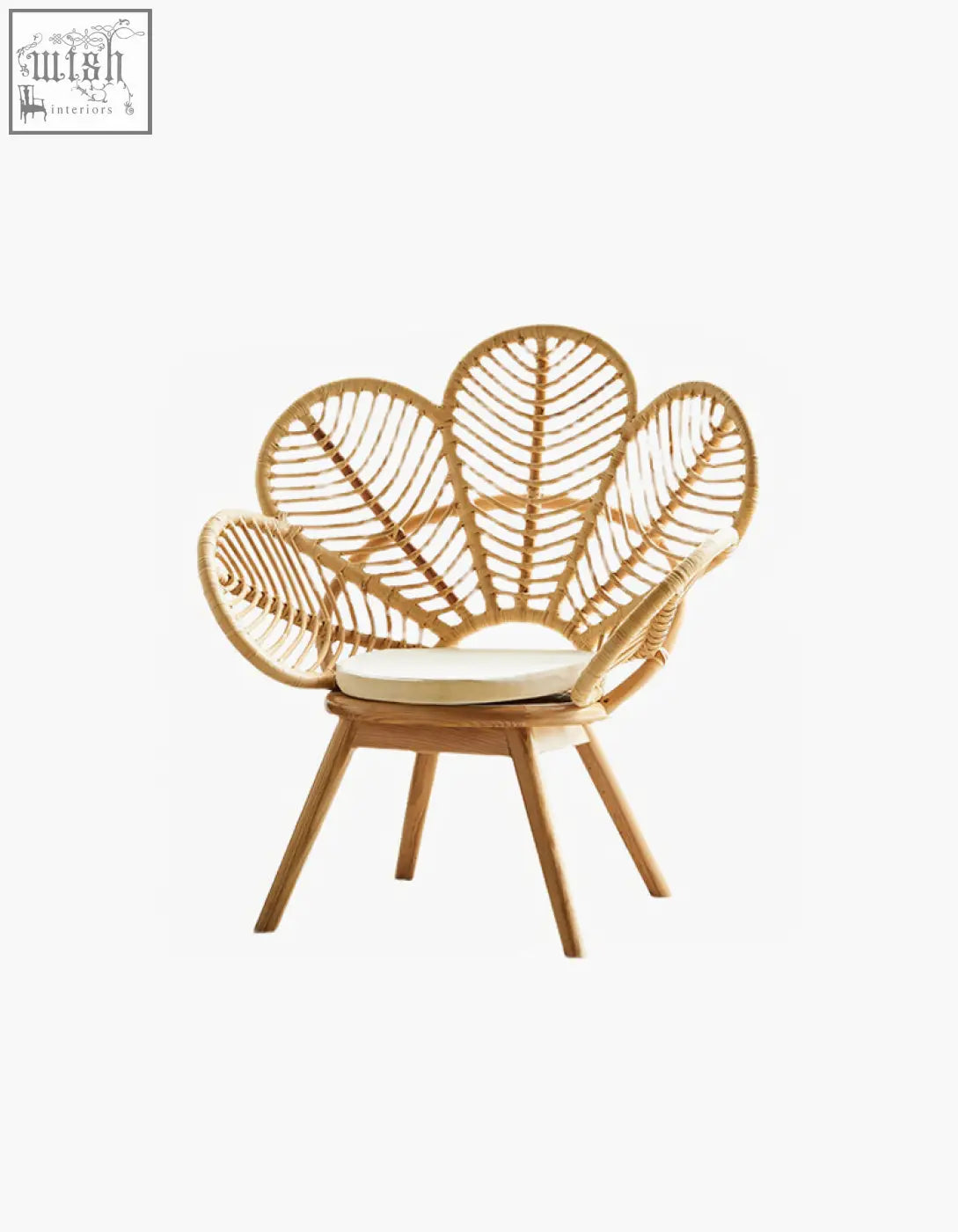 Larkin lounge chair light brown rattan with fan-shaped back cream cushion and wooden legs offers tropical elegance and financing