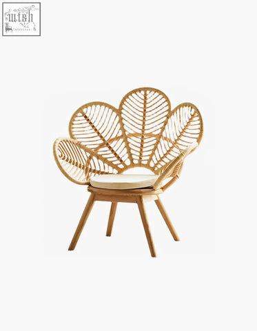 Larkin lounge chair light brown rattan with fan-shaped back cream cushion and wooden legs offers tropical elegance and financing