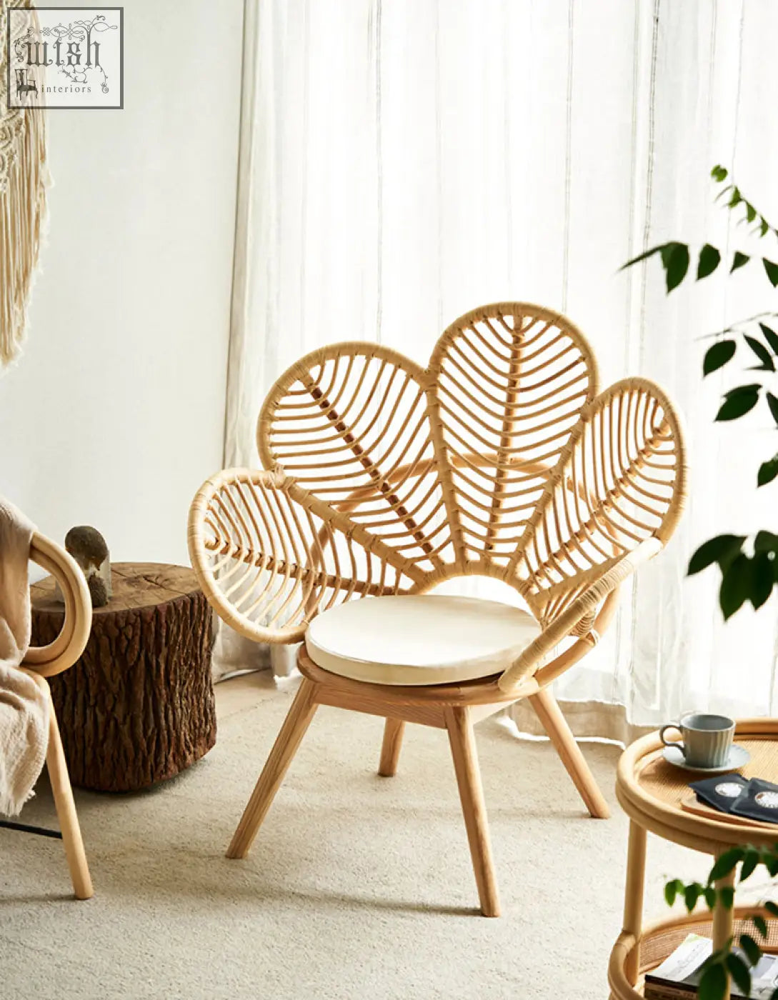 Larkin lounge chair armchair rattan with light brown leaf back and cream cushion for tropical elegance offer financing