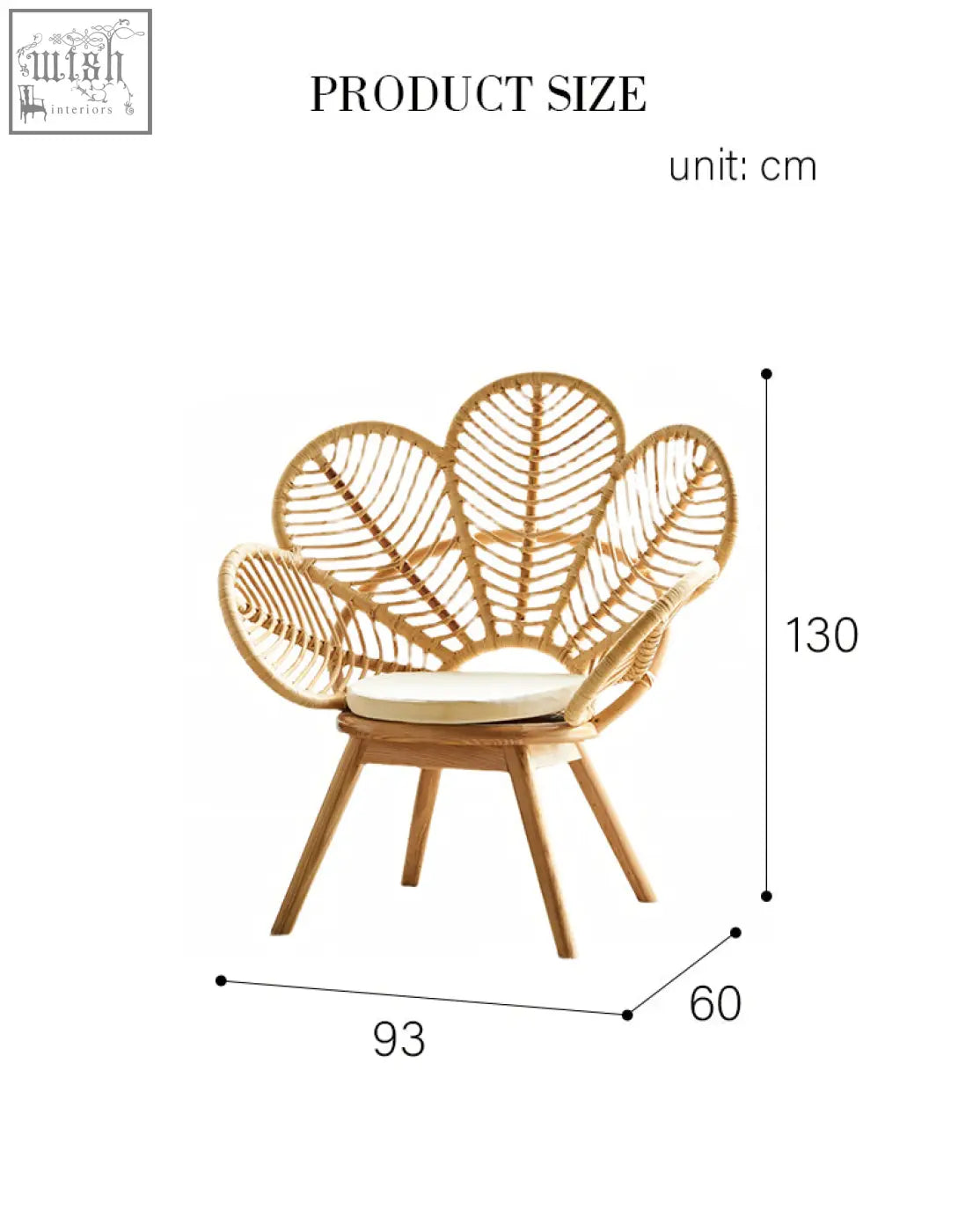 Larkin lounge chair armchair rattan with light brown leaf-shaped back and cream cushion offers tropical elegance and financing