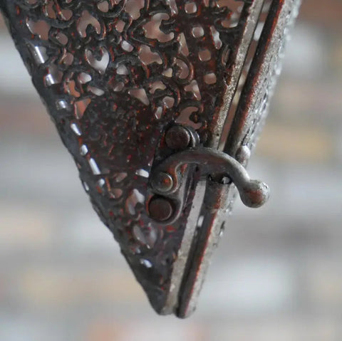 Antique-style lata heart lantern metal purse with intricate filigree and tarnished dark finish for tea light holder