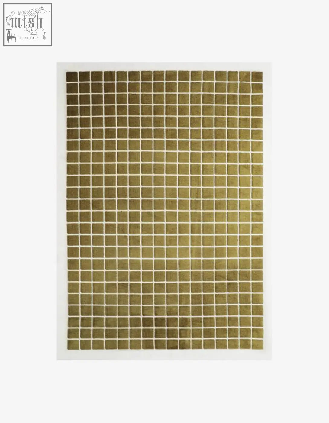 Gold-toned mosaic tile panel with small squares in white grout perfect for coordinating with a coffee table set