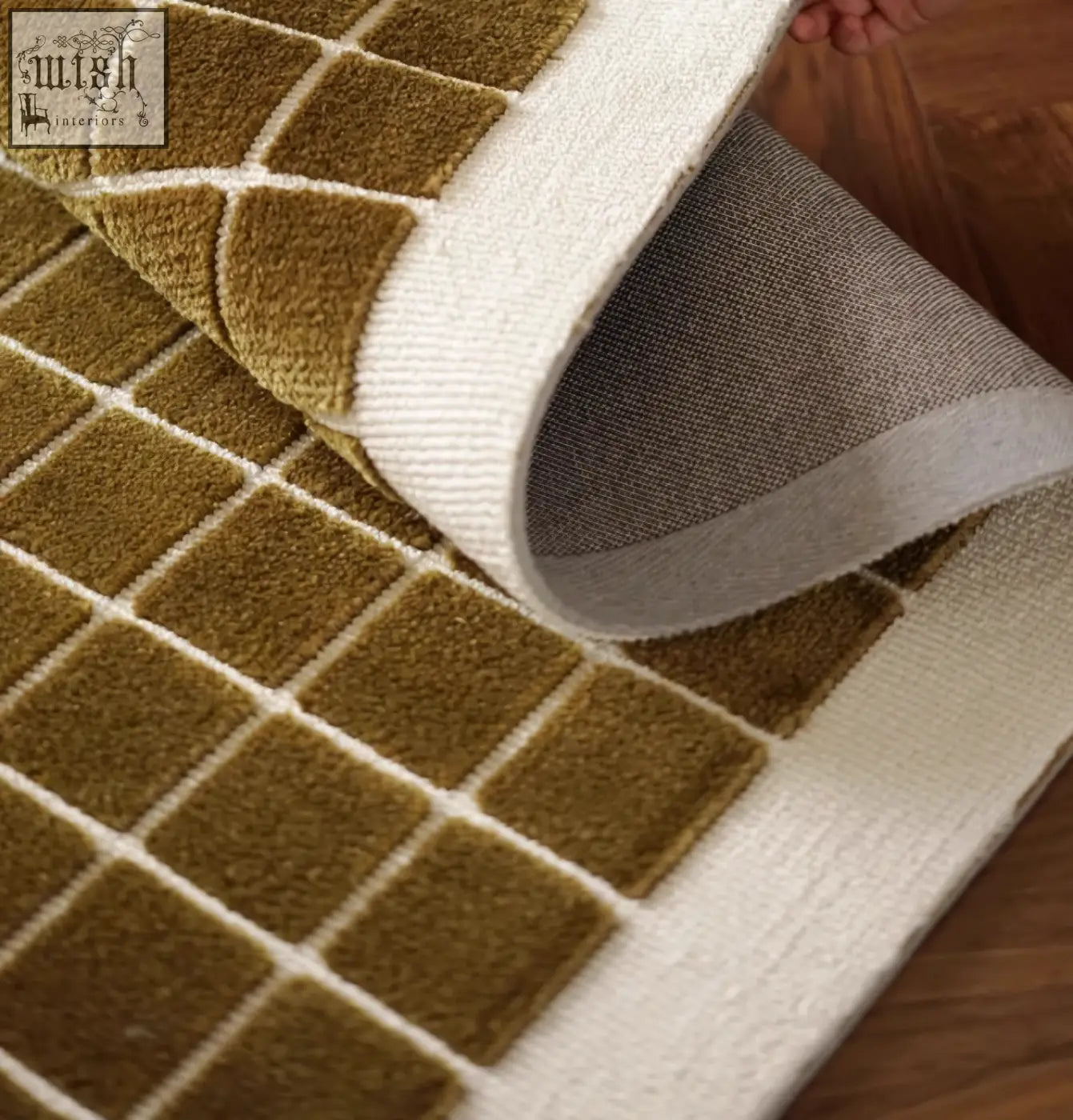 Olive green and cream geometric patterned lattice living room rug with plush texture perfect for coffee table set areas