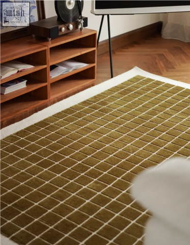 Olive green lattice living room rug with mosaic pattern and white border perfect for under a coffee table set