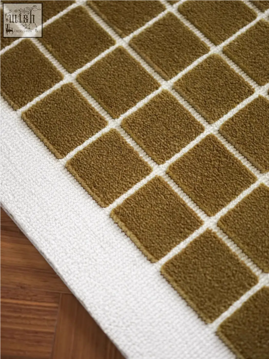 Olive green and white tufted lattice living room rug with grid pattern perfect for coffee table set use