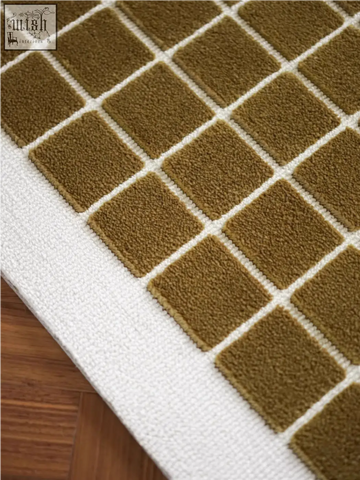 Olive green and white tufted lattice living room rug with grid pattern perfect for coffee table set use