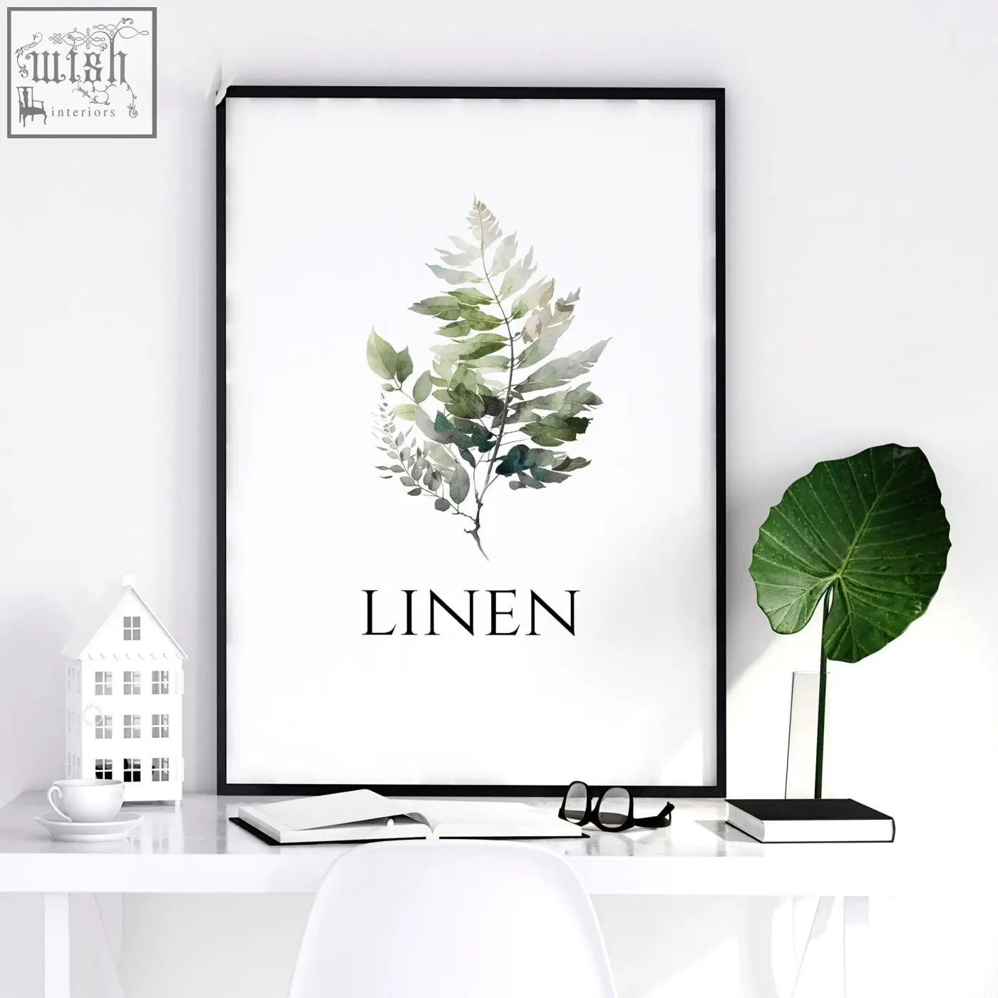 Black-framed botanical art print with green fern leaves and linen text perfect for laundry room art prints set