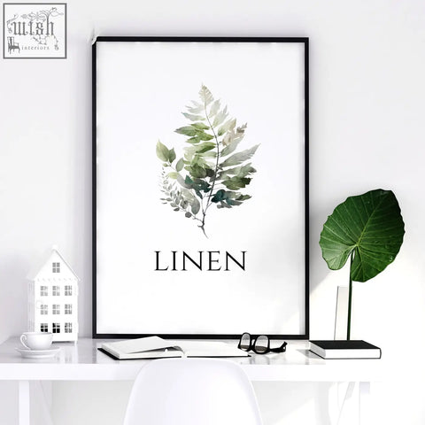 Black-framed botanical art print with green fern leaves and linen text perfect for laundry room art prints set