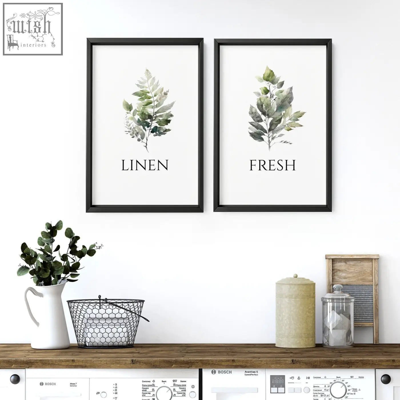 Two black-framed green foliage art prints with linen and fresh text perfect for laundry room art wall decor