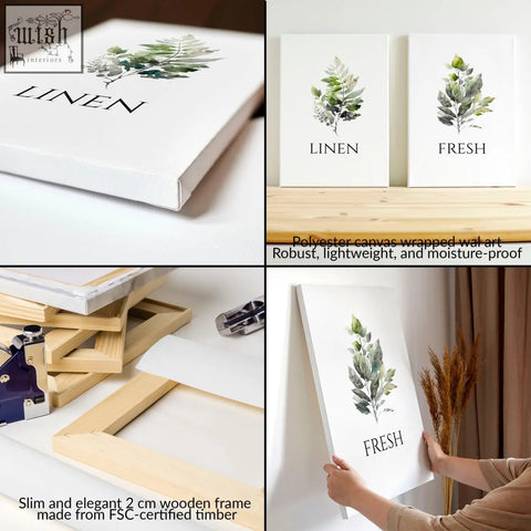 Set of 2 laundry room art prints featuring green foliage and linen or fresh text on white polyester canvas with wooden frame