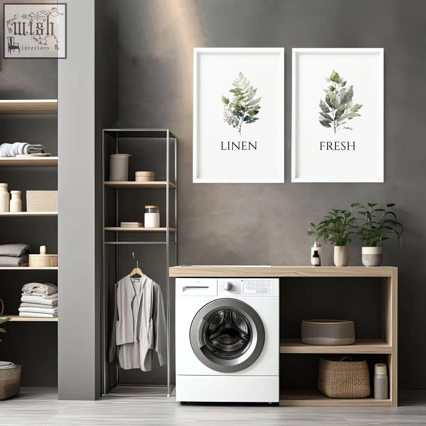 White front-loading washing machine with silver door featured in laundry room art prints set of 2 wall art prints