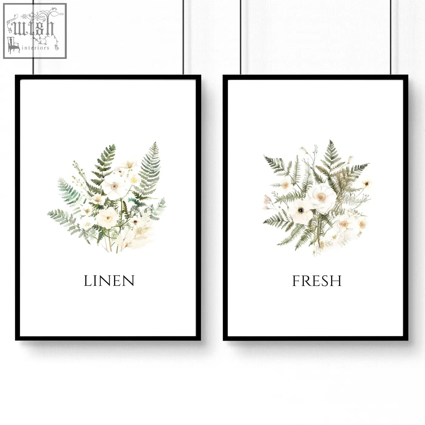Two framed botanical laundry room pictures with watercolor white flowers and green ferns in black frames wall art prints