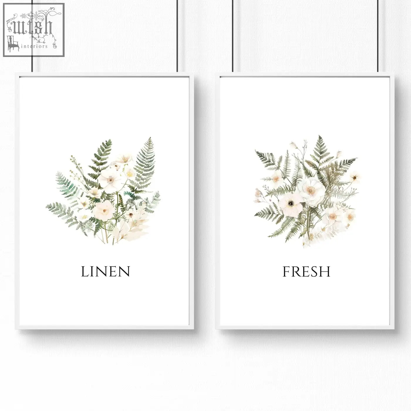 Two framed botanical laundry room pictures with white flowers green ferns and minimalist black serif titles wall art prints